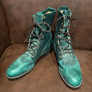 Vintage Justin Green Leather Lace-Up Boots Size 8 Women Fringe Western Ankle